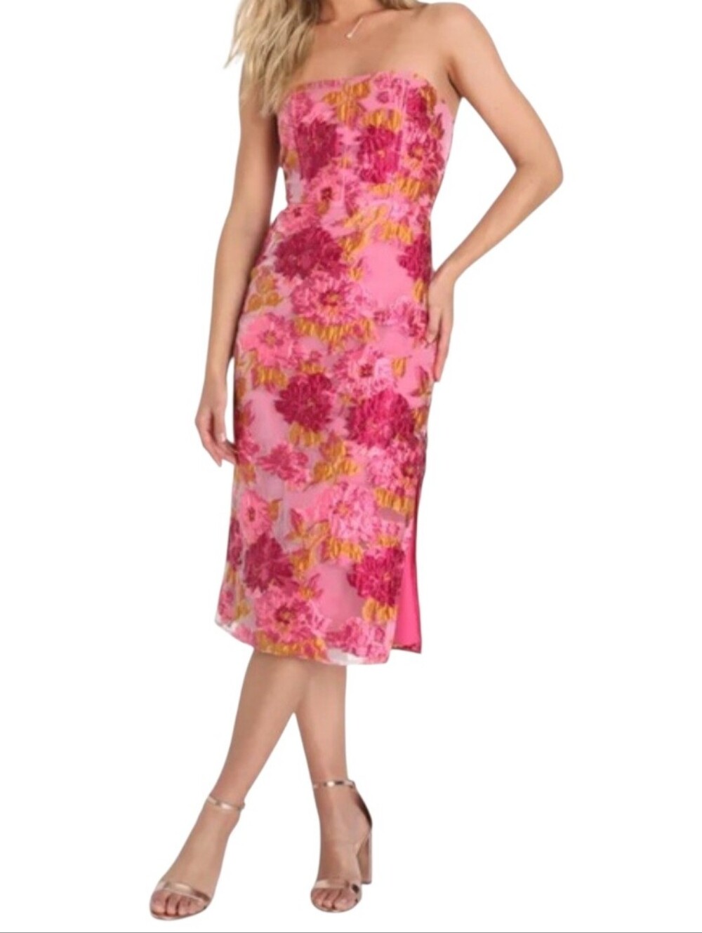 Lulus Upgraded Event Pink Floral Jacquard Strapless Bustier Midi Dress Size XL